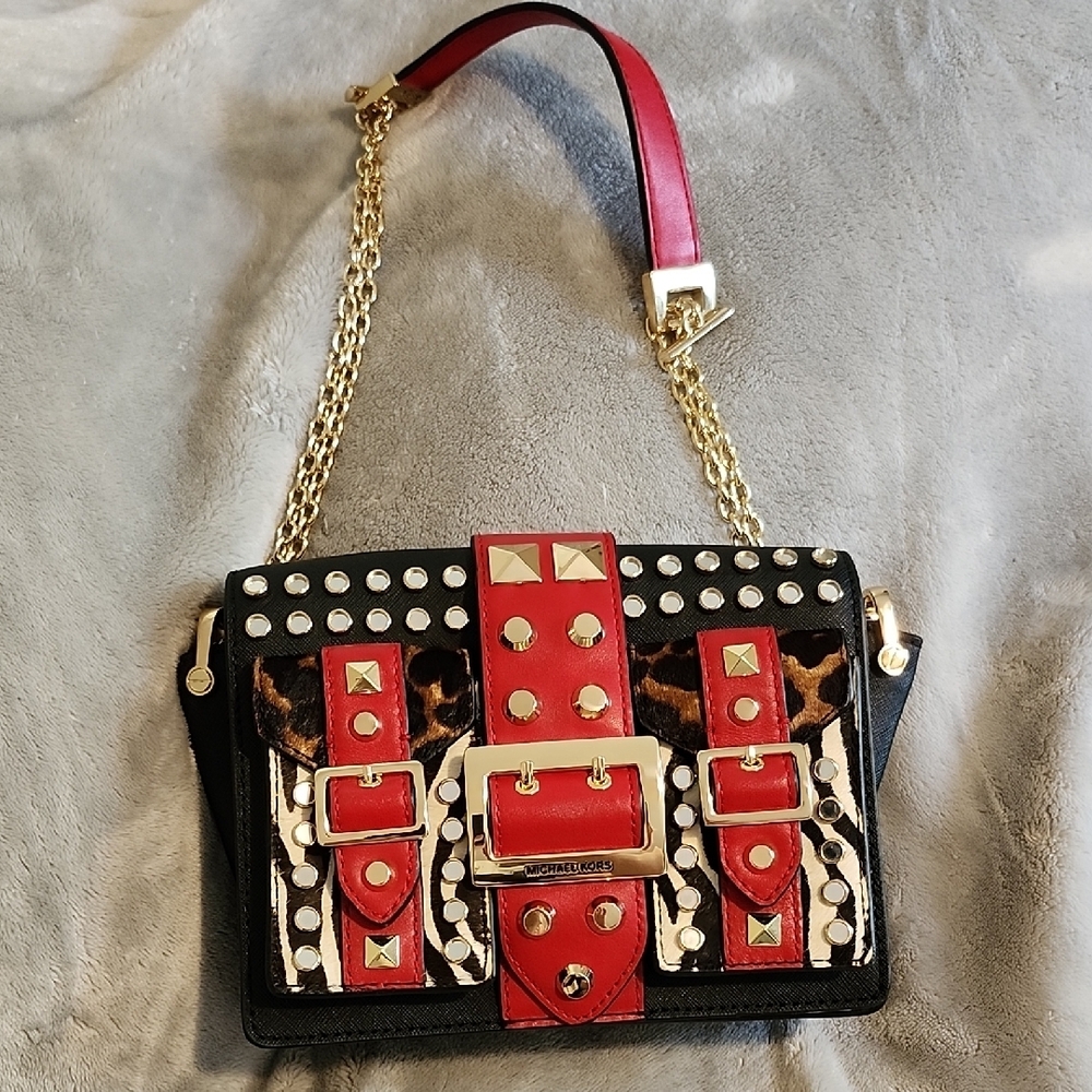 Michael Kors Red and Black Crossbody Bag with Gold Chain